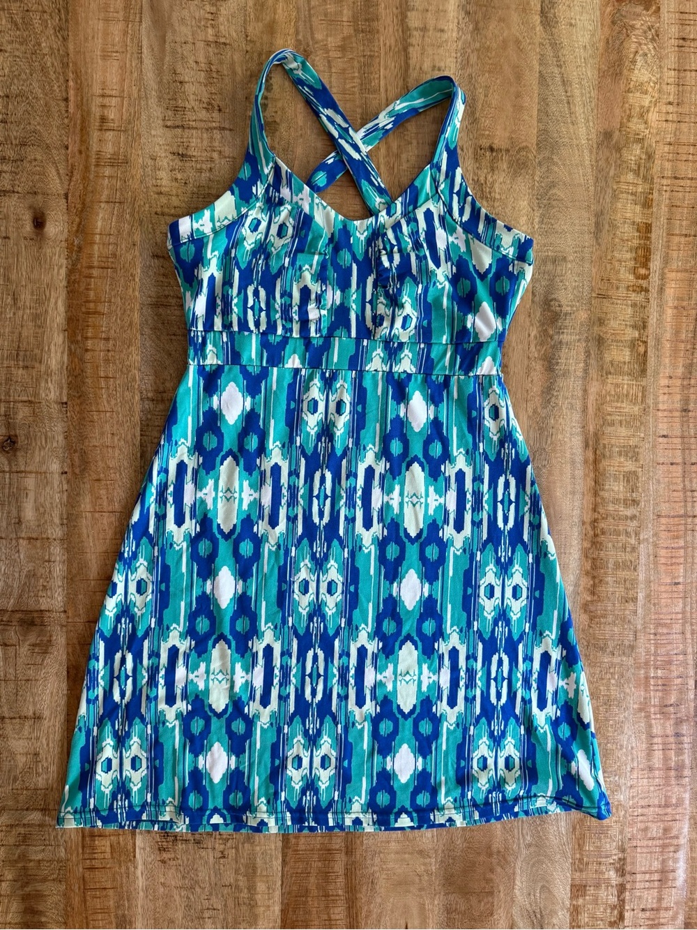 Lola Medium Blue Teal Geometric Crossback Fit & Flare Stretch Dress